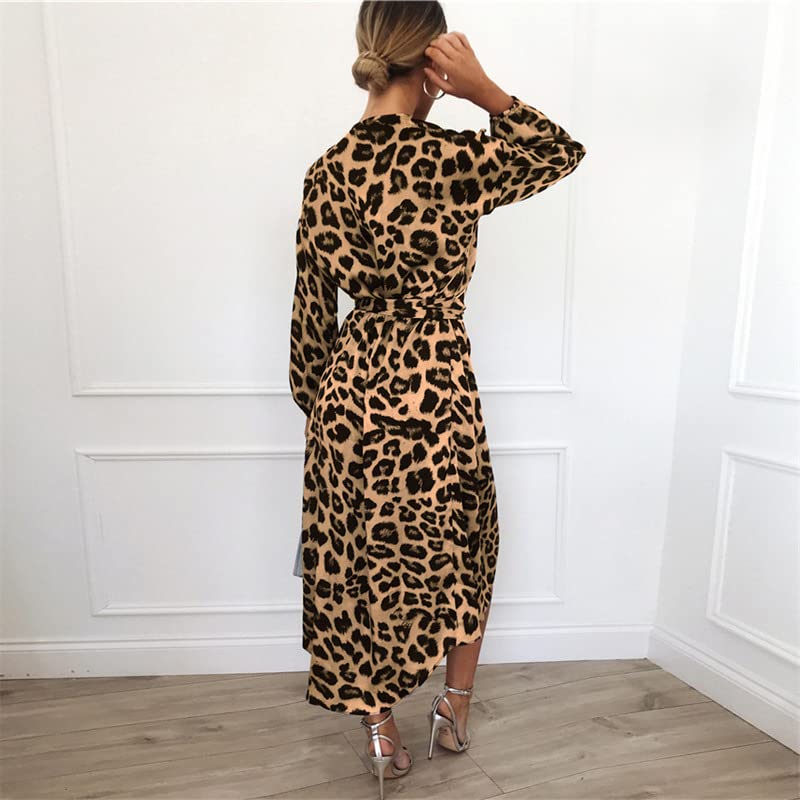 BSLVWG Damen Sexy Leopard Print Midi Kleid Langarm Krawatte Wrap Kleider für Frauen V-Ausschnitt Damen Casual Kleid Herbst Winter (DE/NL/SE/PL, Alphanumerisch, L, Regular, Regular, Braun)