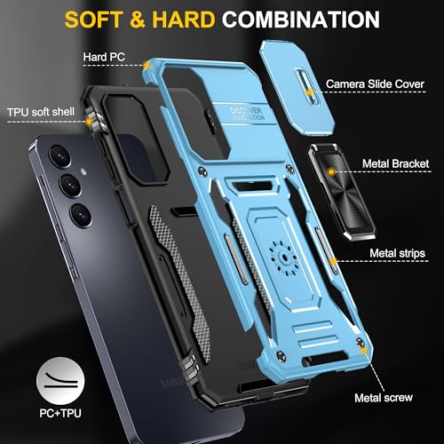 Image of Polycarbonate Slide Camera Cover with Ring Holder Mobile Phone Back Cover for Samsung Galaxy A16 5G (Blue)