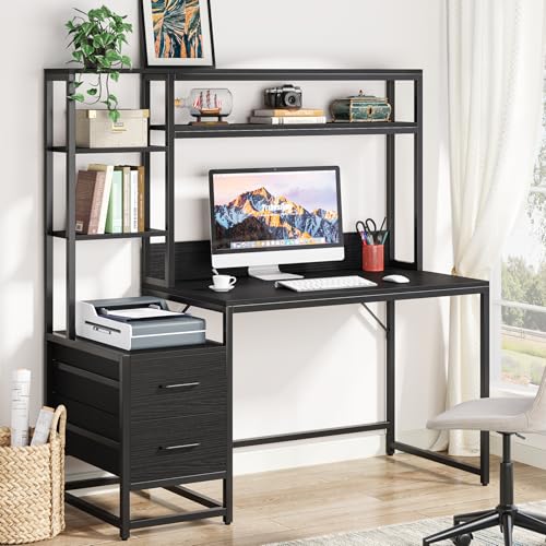 Image of Tribesigns 55 Inch Computer Desk with 2 Drawers and Storage Shelves, Rustic Office Desk with Hutch, Study Writing Gaming Table Laptop Workstation for Home Office (Black)