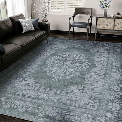 5x7 Area Rug Gray Washable Vintage Distressed Living Room Carpet Large Bedroom Indoor Medallion Floral Non Slip Retro Throw Floor Mat for Office Dining Room Kitchen Bathroom