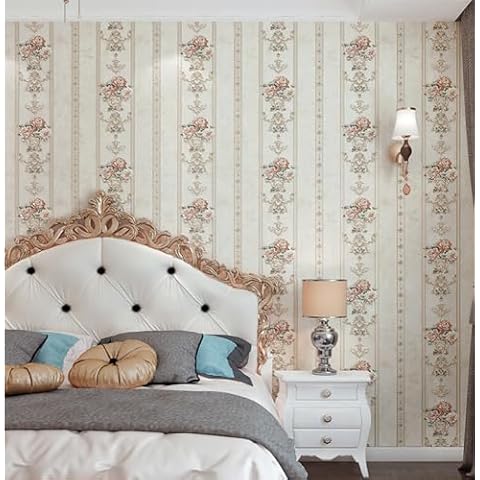 FLZHime 3D Precision Pressed Bouquet Vertical Stripes Self-Adhesive American Pastoral Style Bedroom Living Room Background TV Background 1.73'W x 32.8‘L Non-Woven Wallpaper (Beige) Cover