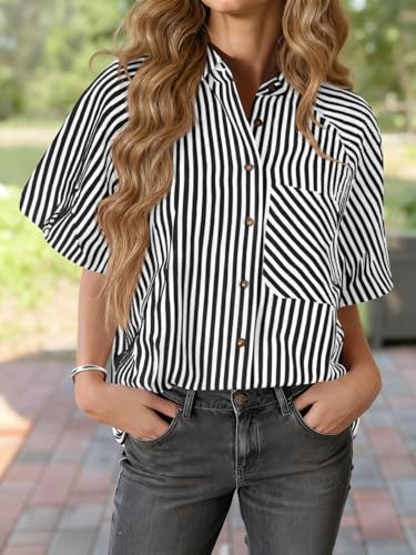 Tankaneo Womens Short Puff Sleeve Button Down Shirts Striped Trendy Casual Loose Fit Blouse V Neck Collared Tops3