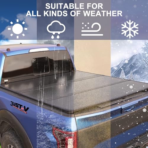 Image of Just-V Hard Tri-Fold Truck Bed Tonneau Cover for Chevy Silverado 1500 2500HD 3500HD, for GMC Sierra 2014-2018 Only Fit Crew Cab 5.8 FT Bed, Upgrade Solid FRP Textured Black