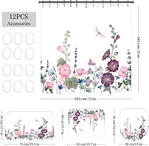 Rlhhug Shower Curtain Set Watercolor Floral, Bath Curtain 72''X72'' With Bath Mat And Toilet Contour Rug And Lid Cover #TOP1