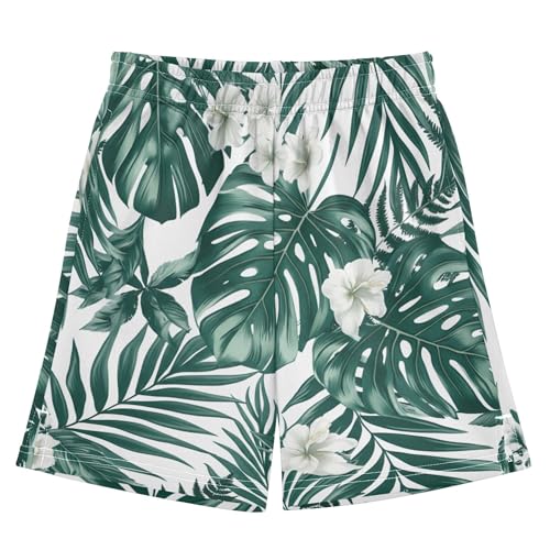 Lush Green Tropical Leaves White Toddler Boys Shorts Casual Cute Sport Shorts Elastic Waist Kids Boardshorts 7-8
