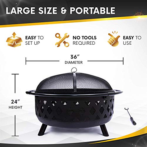 Project One Crossweave Outdoor Fire Pit - 36 Inch Large Bonfire Wood Burning Patio & Backyard Firepit For Outside With Spark Screen, Poker, And Round Fireplace Cove #TOP3