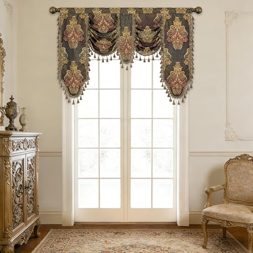 Loom and Mill Luxury Waterfall Valance Curtains for Living Room, Rich Color Damask Jacquard Swag Valance with Tassels, Ornate Window Valance for Bedroom Banquet Holiday, Rod Pocket(W59Inch,1 Panel) by Loom and Mill - Used condition - US$31.44