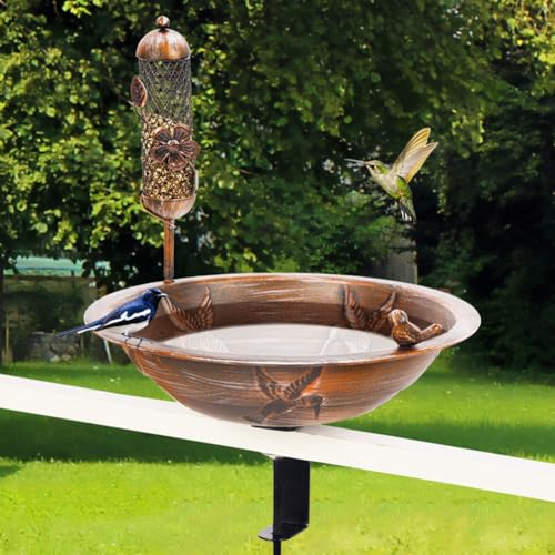 DREAMSOUL Deck Bird Bath with Bird Feeder, 13' Bird Baths for Outdoors with Adjustable Sturdy Steel Clamp, Metal Bird Bath Bowl for Railing Balcony Patio Decor
