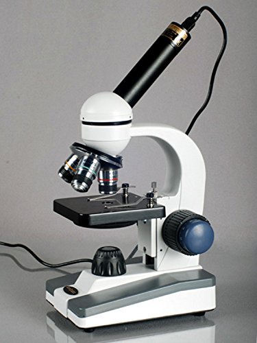 Image of AmScope M150C-PB10-WM Compound Monocular Microscope, WF10x and WF25x Eyepieces, 40x-1000x Magnification, LED Illumination, Brightfield, Single-Lens Condenser, Coaxial Coarse and Fine Focus, Plain Stage, 110V, Includes 5 Blank Slides, 5 Prepared Slides, and Book