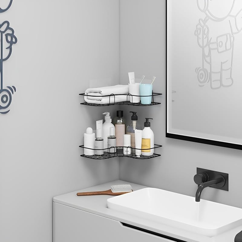 Image of Puno Steel Corner Wall Shelf - Self Adhesive Bathroom & Kitchen Rack, No Drill Rustproof Storage Organizer (Pack of 1 , Black)