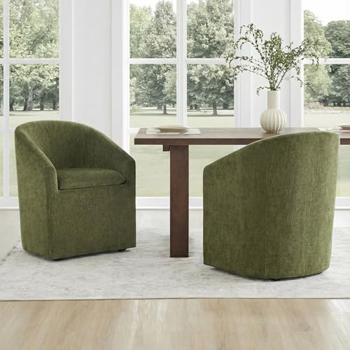 Image of KISLOT Upholstered Dining Chairs Set of 2 with Casters, Modern Side Barrel Armchair with Washable Slipcover & Sturdy Metal Frame for Diningroom Bedroom Livingroom Reading Room, Green Fabric