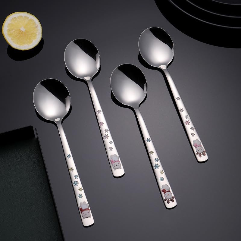Silverware Flatware Set, 1/4/6/8/10/12 Pieces 304 Stainless Steel Spoons Long Handle Mixing Spoon Cartoon Polar Bear Small Round Spoon Household Soup Spoon(White,8Pcs)