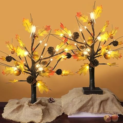 Bright Zeal 2-Pack 19.5" Tall Lighted Maple Tree LED Maple Tree Lights Indoor Battery Operated - Acorns and Pine Cones Decorations Thanksgiving Decorations for Home - Light Up Maple Tree Tabletop Cover