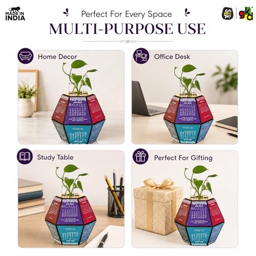 Image of Gift Kya De 2026 Desk Calendar with Hexagon Planter | Wooden 3D Pentagonal Table Calendar Big Size | Colourful Monthly Display | Premium Office Desk Decorative Item & Corporate Gift | Unique Table Decor