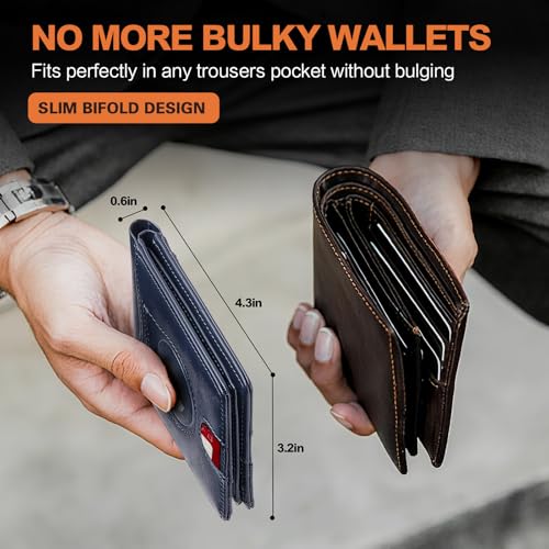 Image of Wallet for Men Slim RFID Blocking Bifold Carbon Fiber,Minimalist Small Compact Front Pocket Credit Card Holder,Thin Mens Leather Wallets Smart Security With 2 ID windows 1 Cash (Oil Wax Blue)