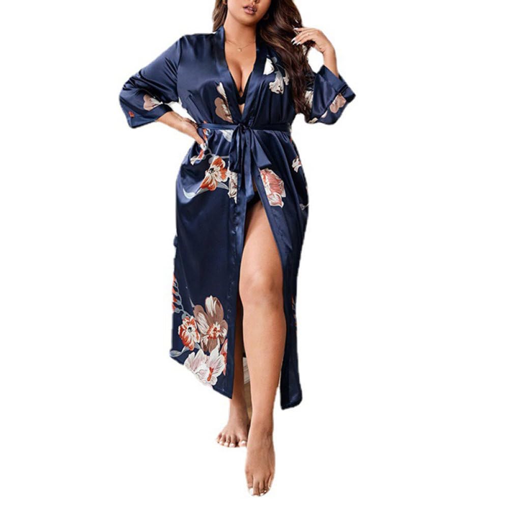 Smtsec Women's Royal Blue Plus Size Robes For ,Silky Satin Kimono Sexy Dressing Gown Floral Printed Nightgown Cardigan Lightweight Bathrobe Comfy Homewear Nightdress,,5Xl
