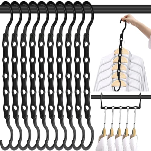 DUCOO Space Saving Hangers 10 Pack, Heavy Duty Magic Cascading Hanger Organizer with 5 Enclosed Anti-Slip Holes, Closet Organizers and Storage for Clothes, College Dorm Room Essentials, Black