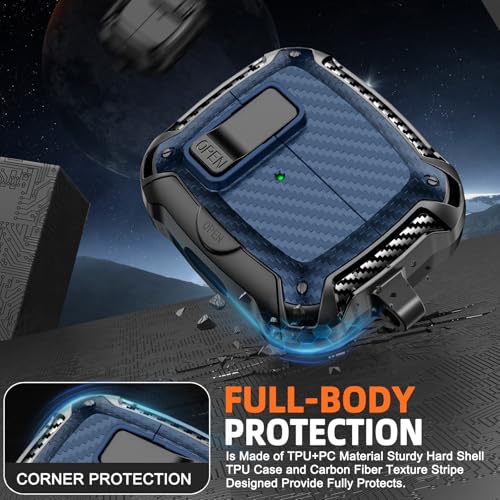 Image of Safety Lock Case for Samsung Galaxy Buds3 FE /Pro /3 (Blue) | Compatible with MagSafe, Carbon fibre texture Design,with Phone Stand& Cleaning kit,Keychain,