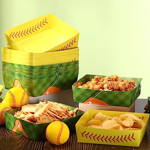 Image of Teling 36 Pcs Large Baseball Plates Party Trays 5 Lb Food Boat,Yellow | Paper Plates with Baseball Designs, Holds Nachos Burgers Fries, For Softball Birthday Party Supplies, Serving Snack Boats