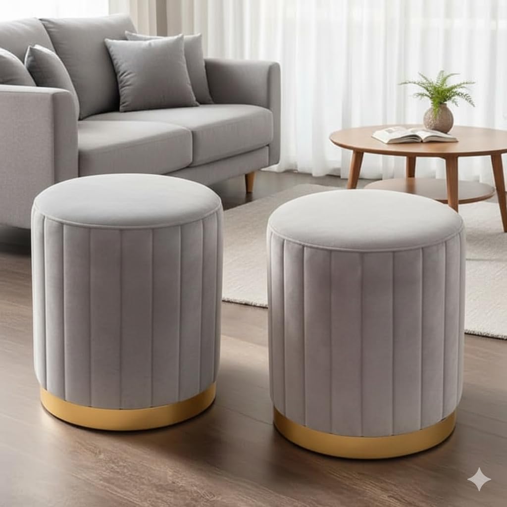 Decorative Ottoman Pouffes for Sitting - Two-Piece Set of Puffy Stools and Footstools - Round Ottoman Stool for Living Room Furniture (Grey)-image-35