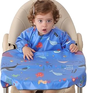 PewinGo Weaning Bib Attaches and Fully Cover to Baby Highchair, Long Sleeves Bib with Waterproof, Comfortable,Machine Washable, Suitable for BLW 6 Month to 2 Years Old-Blue,Toddler Bib