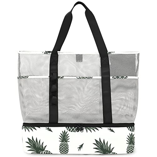 UYLIA Strandtasche mit Kühler, Netz-Strandtaschen für Damen, sanddicht, für Pool und Schwimmen, Reisen, Alltag, mit robusten 8 Taschen, Ananas, Large