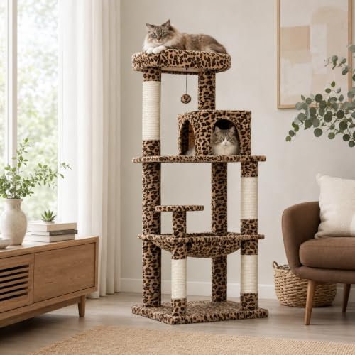 Image of MUTTROS Leopard Cat Tree, 56.3 inch Cat Tower for Indoor Large Cats | Multi-Level Cat Activity Center with condo, hammock, perch & sisal posts for 2-3 indoor cats under 15 lbs