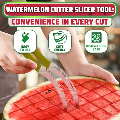 Stainless Steel Watermelon Slicer Tool – 9.05" x 1.5" Watermelon Cutter Tool Cuts 1 In Cubes & Slices – Ergonomic Handle, Mess-Free Fruit Cutting for Cantaloupe, Honeydew, Papaya & Other Summer Snacks
