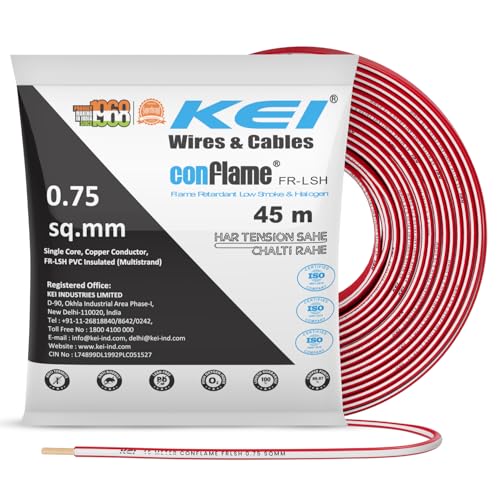 Image of KEI CONFLAME FRLSH 0.75 sqmm 1 Core Copper Heat Resistant Flame Retardant Low Smoke & Halogen - Lead Free House Wire for Domestic & Industrial Electrical Wiring (Red, 45 Meters)
