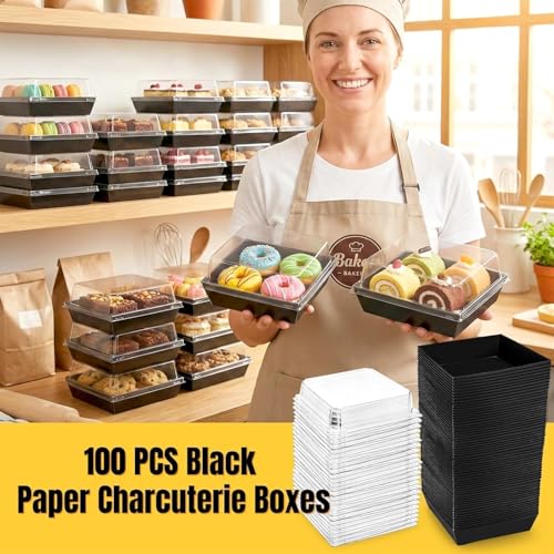 Image of Hiceeden 100 Pcs Black Paper Charcuterie Boxes with Clear Lids, 5.4 inchx5 inchx2.4 inch Cardboard Dessert Food Containers, Disposable Square Sandwich Box for Bakery, Donuts, Cookies, Strawberry, Salad
