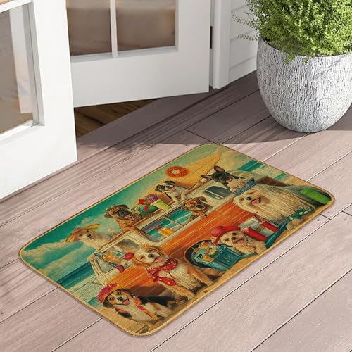 Beach Dogs Door Mat 17"x29",Coastal Truck Animals Doormat Indoor Entrance,Non Slip Rubber Front Door Mats Washable Absorbent Inside Outside Low-Profile Home Entryway Rug Outdoor