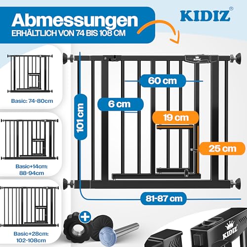 KIDIZ Absperrgitter zum Klemmen mit Katzenklappe, Türschutzgitter, Autoclose Kinder Treppengitter ohne Bohren | 90° Stopp Schutz, schwenkbar, Treppenschutzgitter, Schwarz, Breite: 81-87 cm