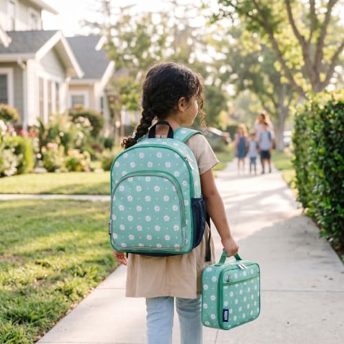 Image of Wildkin Insulated Lunch Box for Kids, Daisy | 9.75 x 7 x 3.25 in insulated lunch box with roomy main compartment, front zip pocket and interior mesh pocket.