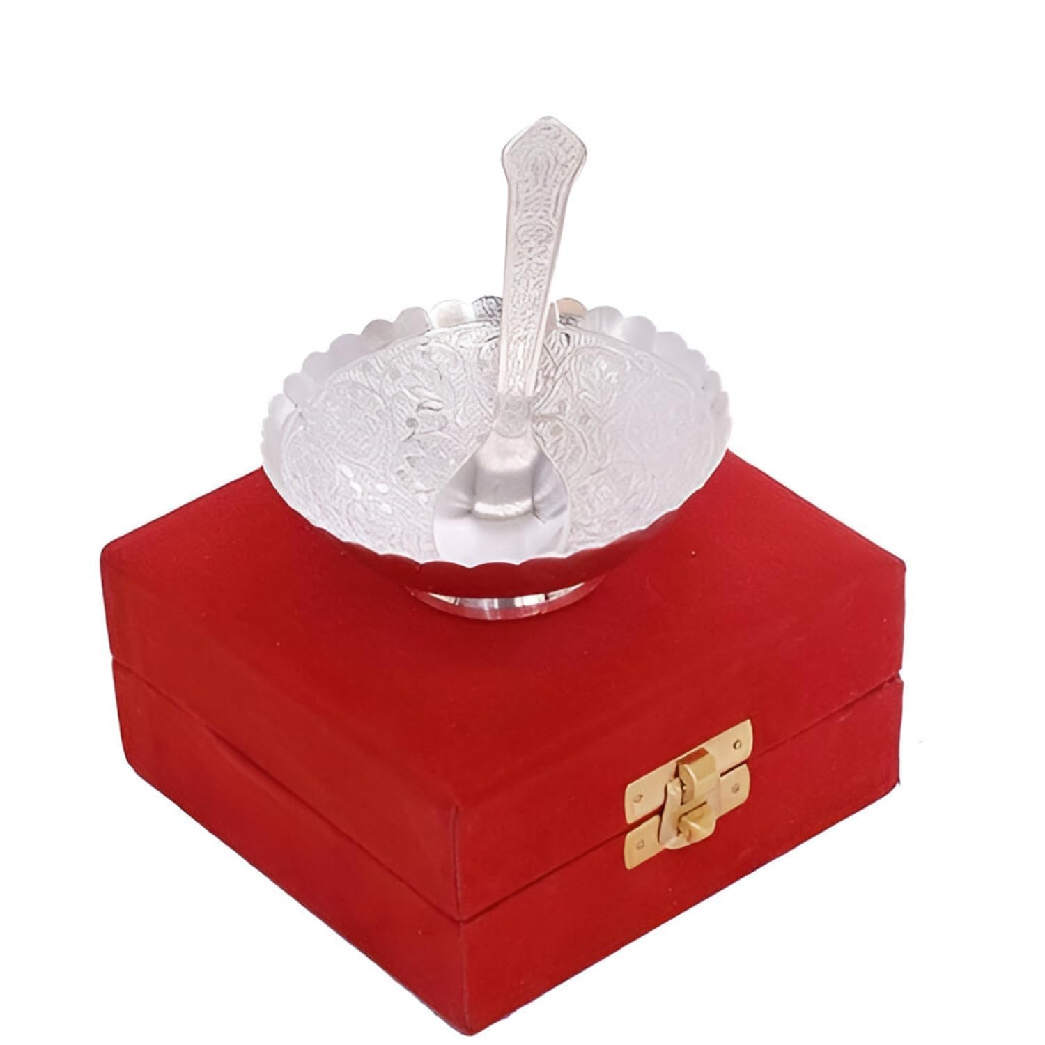 Piepot German Silver Bowl Set of 2 | German Silver Bowl and Spoon with Red Velvet Box | 2 Pieces Set for Weeding Gifts, House Warming & Pooja | Silver Gift Items - 3.75 Inch, 120 ML-image-21