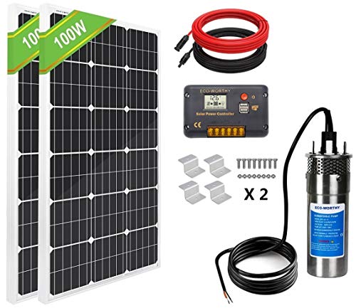 ECO-WORTHY Solar Well Pump Kit for Watering 24 Volt - 1pc Submersible Solar Water Pump + 2pcs 100W Mono Solar Panel + 20A LCD Display Charge Controller + 16.4ft Solar Cable + Solar Panel Bracks