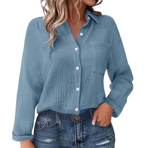Blusas y blusas de mujer con botones de gasa de algodón para mujer – Blusa texturizada arrugada de manga larga con bolsillo, camiseta ligera y casual para verano y superposición, azul, XL