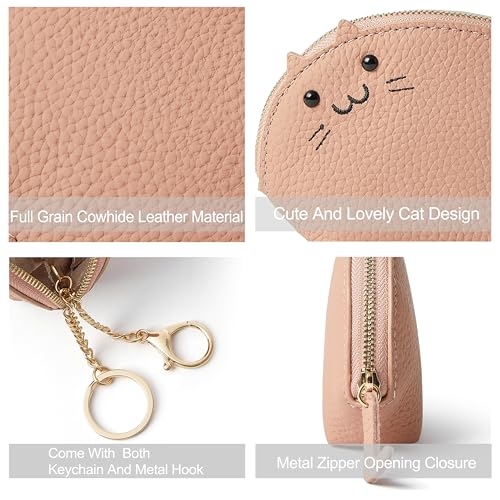 Image of Doris&Jacky Small Leather Coin Purse for Women, Mini Cat Coin Pouch And Animal Zipper Card Holder Wallet With Keychain (2-Light Pink)