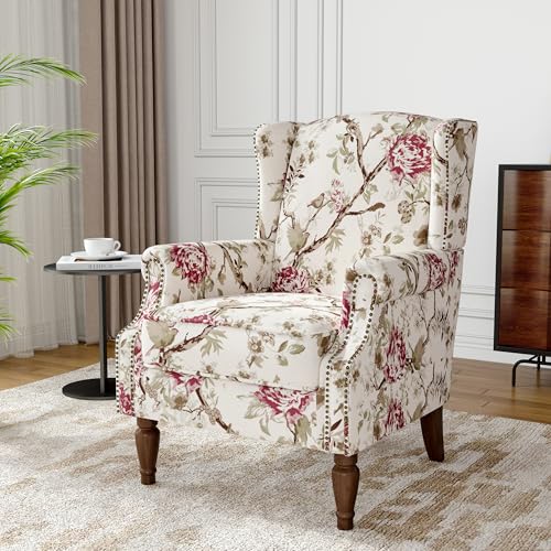 Qatiby Floral Wingback Accent Chair, High Back Upholstered Armchair, Comfy Fabric Wingback Arms Chairs with Solid Wood Legs, Single Sofa Reading Chair for Bedroom Living Room, Beige