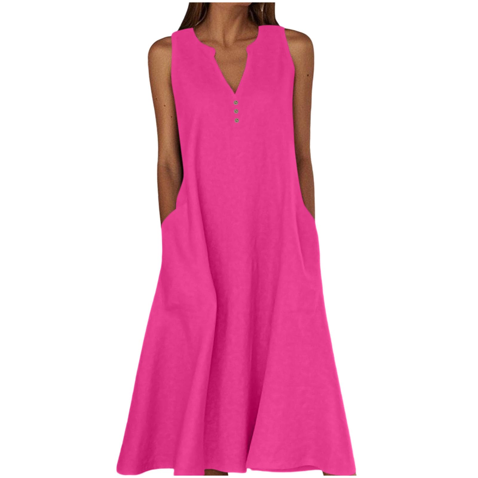 Sommerkleid Damen Lang,Ärmellose Maxikleid V-Ausschnitt Tankkleid Strandkleider Hohe Taille Lange Lockere Knielang Kleid Elastischer Taille Basic Solide Freizeitkleid T Shirt Tunikakleid mit Taschen