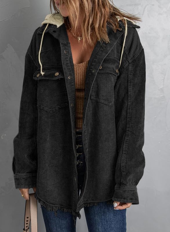Dokotoo Womens 2025 Fall Corduroy Shacket Jacket Long Sleeve Button Down Color Block Hooded Coat with Pockets4