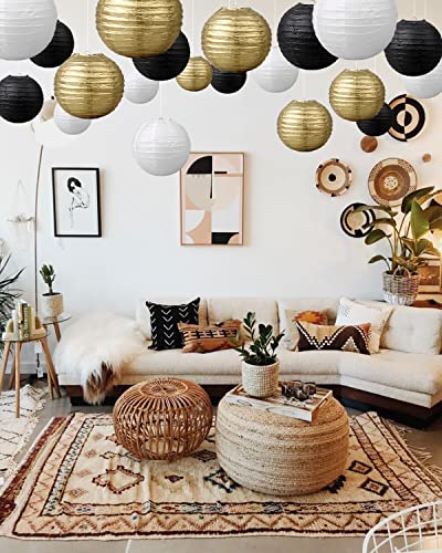 Image of VIJIV 15pcs /Lot Paper Lanterns for Wedding Party, 6 inch 8 inch 10 inch Mixed Size Decorative Round Chinese Lanterns Engagement Anniversary 21st Birthday Baby Shower Hanging Sky Decorations (Black,Gold,White)