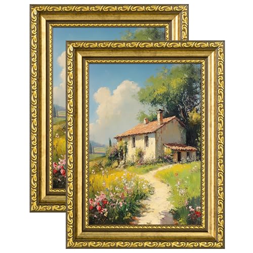 Image of eletecpro 5x7 Vintage Picture Frame, Glass Cover, Gold, 2-Pack | Display Photo 4x6 with Mat or 5x7 without, Horizontal or Vertical, Tabletop or Wall Decor