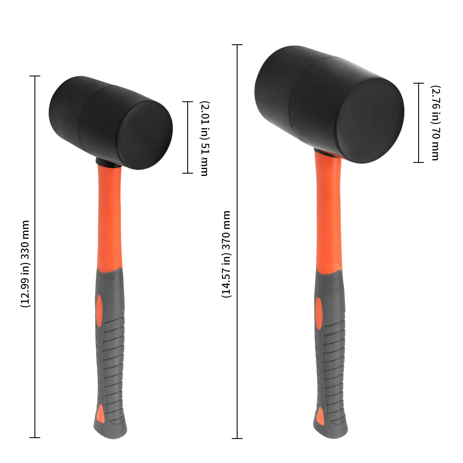 KEILEOHO 2-Piece Rubber Hammer Set 50 mm and 70 mm, 450 g and 900 g Soft Hammer Plaster Hammer Set with Non-Slip Shock-Absorbing Fibreglass Handle, Black Orange - Image 2