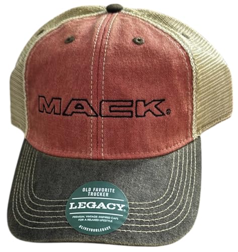 Mack Trucks Trucker Hat, Old Favorite Legacy Style, Vintage-Inspired, Red Tan Gray Mesh Back, Hat/Cap