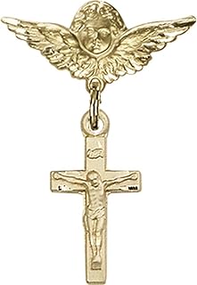 14kt Yellow Gold Baby Badge with Crucifix Charm and Angel w/Wings Badge Pin 1 X 3/4 inches