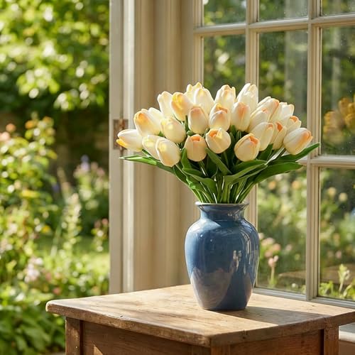 Image of 20Pcs Stems 13.5 Inch Champagne PU Artificial Moisturizing Tulips, Faux Tulips Flowers for Thanksgiving Christmas Decorations Wedding Home Table Vase Floral Arrangements