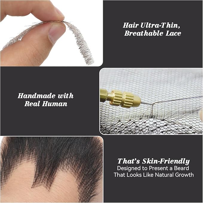 Fake Beard Realistic Mustache Full Hand Tied Fake Goatee Facial Hair with Invisible Lace,Fake Beards for Cosplay, Halloween Costumes, Theatrical and Movie Makeup. (2-Black)