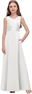 Satin Junior Bridesmaid Dress for Wedding Kids V-Neck A-Line Flower Girl Dresses Long Princess Pageant Prom Gowns - Buy now