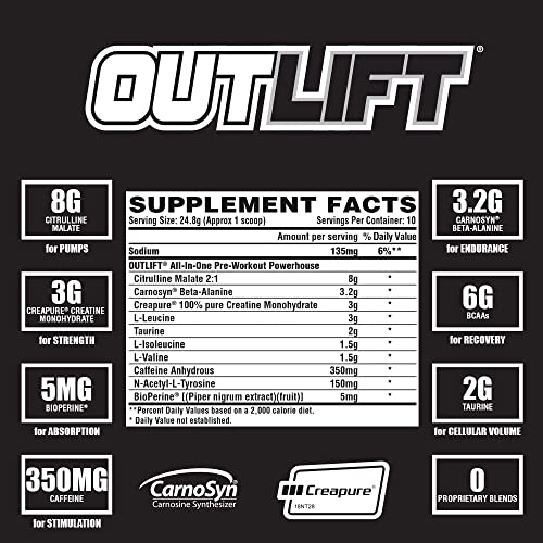 Nutrex Research Outlift Clinically Dosed Pre Workout Powder | Energy, Pumps, Citrulline, Bcaa, Creatine, Beta-Alanine Preworkout Supplement For Men And Women | Miami Vice 20 Serving #TOP5