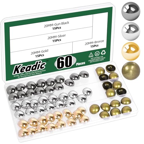 Keadic 60 botones de costura de metal medio abovedado de 20 mm, 4 colores con tapa de hongo, botones de metal de vástago medio redondo para manualidades, negro, plata, oro, bronce